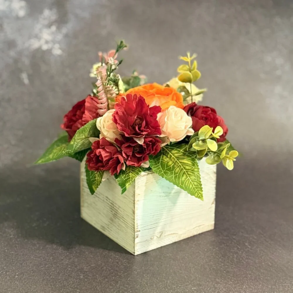 Fall Faux Floral Arrangement in Rustic Wooden Box – Home or Office Decor
